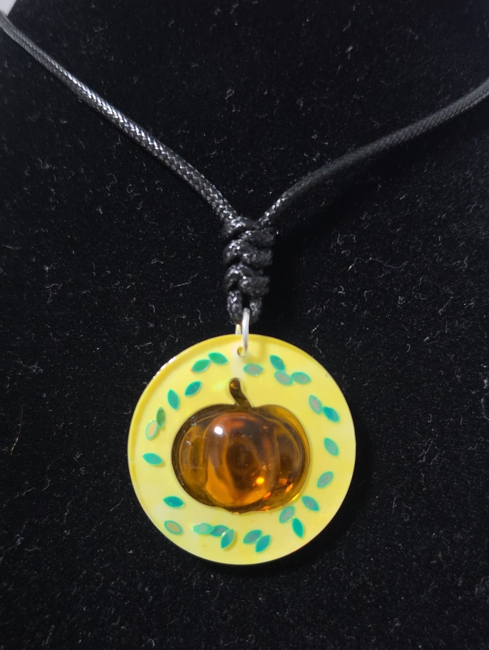 Yellow Pumpkin Pendant Necklace - Black Cord